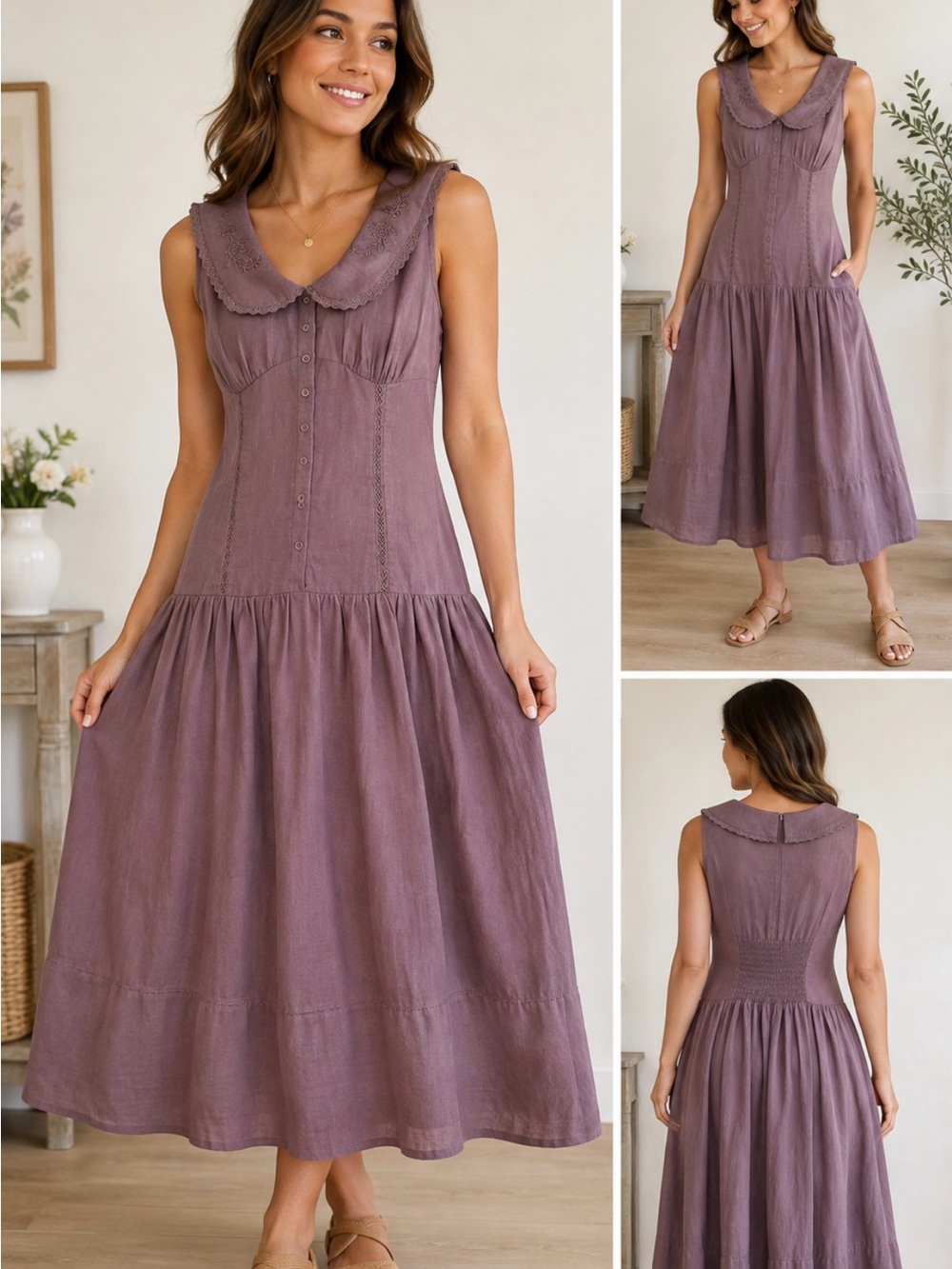 Moon River Mauve Embroidered Collar Midi Dress Size M Cottagecore